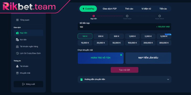 Nạp rút tiền rikbet 1 Nạp tiền qua chuyển khoản